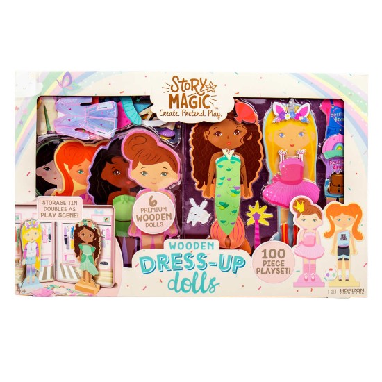 Story Magic 6 Wooden Dress-up Dolls and Stands with Tin – 3+ Years