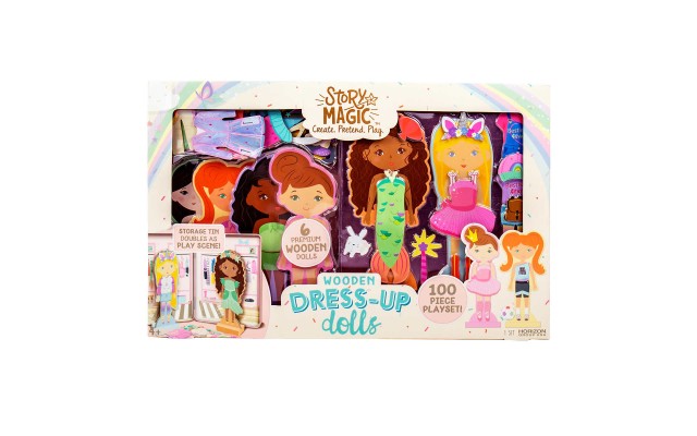 Story Magic 6 Wooden Dress-up Dolls and Stands with Tin – 3+ Years