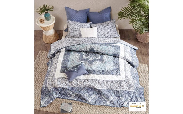  Maggie 7-Pc. King/California King Reversible Cotton Coverlet Set, King/Cal King(104″x92″), Floral Blue