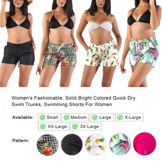 Women’s Solid Bright Colored Quick Dry Swim Trunks, Swimwear, Bathing Suits, Swimming Shorts for Women, White Flower, Medium