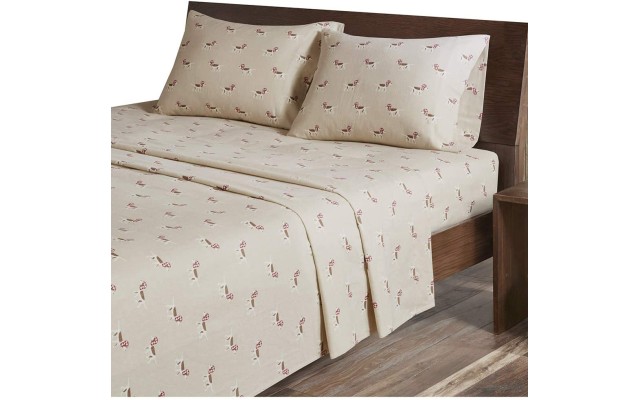  Cotton Flannel 4-Piece Queen Sheet Set, Tan Dog