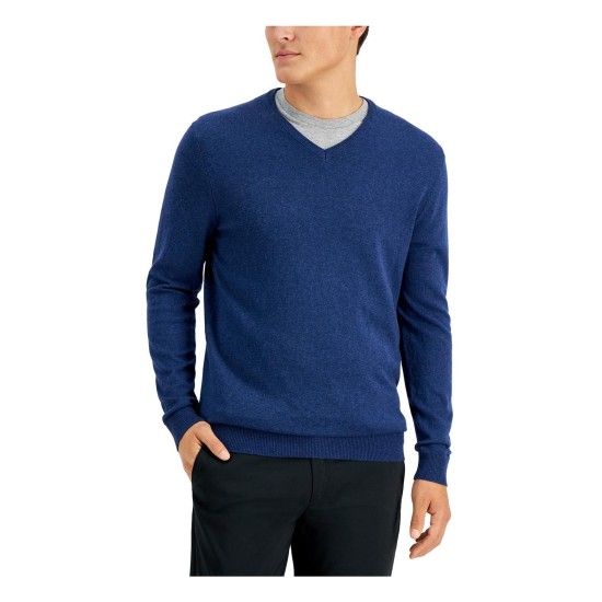  Men’s Solid V-Neck Cotton Sweater, Indigo Heather, Small