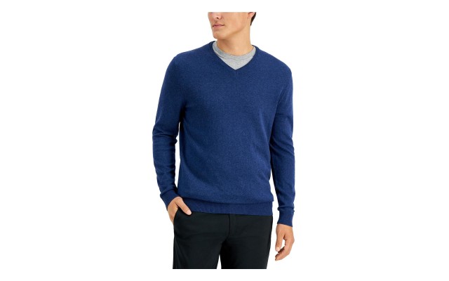  Men’s Solid V-Neck Cotton Sweater, Indigo Heather, Small