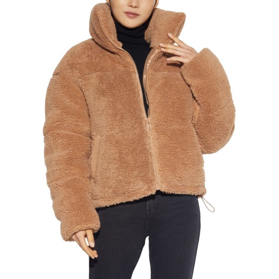  Faux-Sherpa Puffer Teddy Coat, Beige, M
