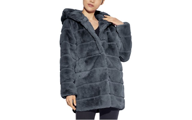  Jill Hooded Faux-Fur Coat, Gray, XL