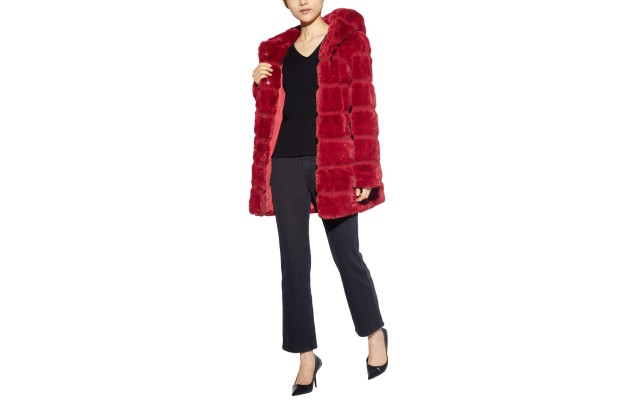  Jill Hooded Faux-Fur Coat, wine, S