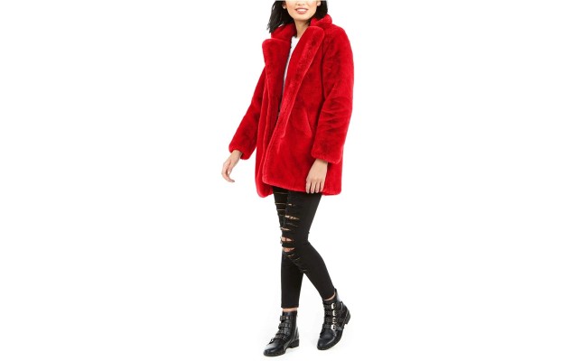  Womens Eloise Faux Fur Notch Collar Coats, Red, Small