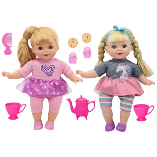  Two 14″ Dolls with Removeable and Interchangeable Outfits Tea Party