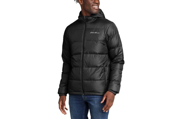  Men’s Secure Zip Hand Pockets Hooded Down Jacket, Black, Large