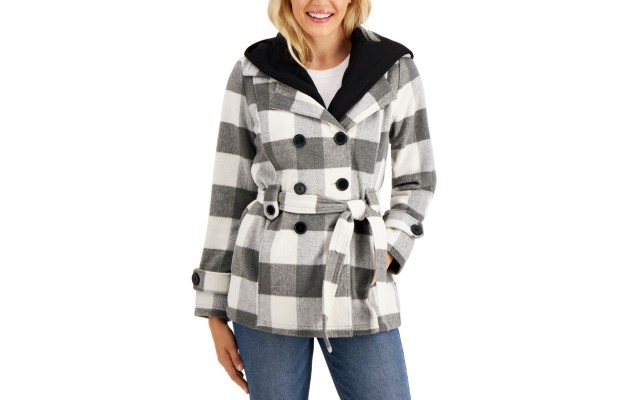  Juniors’ Double-Breasted Belted Hoodie Coat