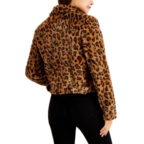  Juniors' Faux-Fur Leopard-Print Moto Jacket, Brown, XS