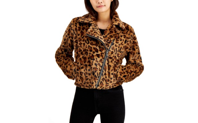  Juniors' Faux-Fur Leopard-Print Moto Jacket, Brown, S