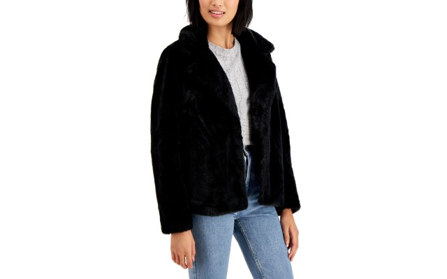 Juniors' Notch-Collar Faux-Fur Jacket, Black, XL
