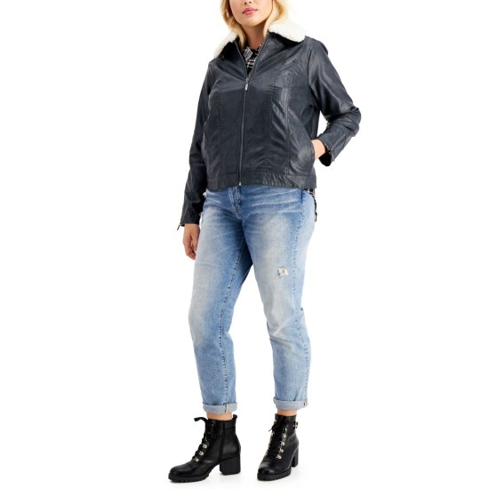  Juniors’ Trendy Plus Size Faux-Fur-Collar Faux-Leather Jacket