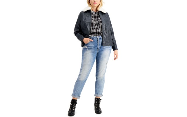  Juniors’ Trendy Plus Size Faux-Fur-Collar Faux-Leather Jacket
