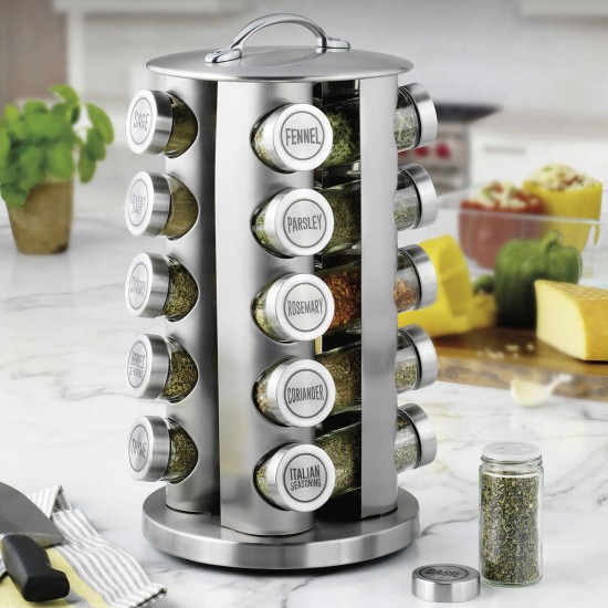  20 Jar Revolving Stainless Steel Spice Rack with Free Spice Refills