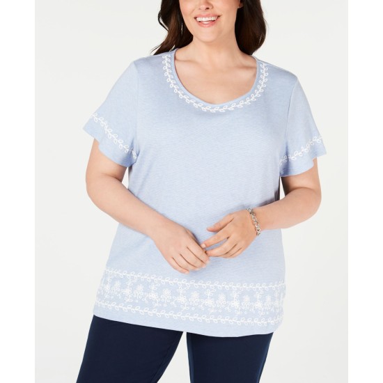  Women’s Embroidered Striped Short Sleeve  Blouse, Blue, 2X