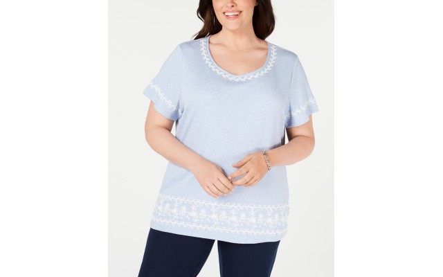  Women’s Embroidered Striped Short Sleeve  Blouse, Blue, 2X