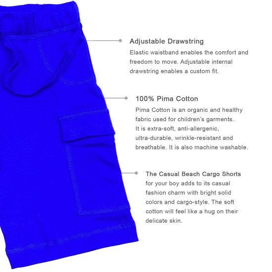  Boys Casual Beach Cargo Shorts – Soft Cotton, Pull-On/Drawstring Closure, Two Pockets, Blue, 8