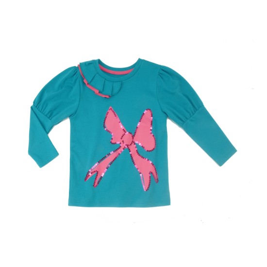  Girls Pink Bow Sequined Graphic Printed Peruvian Cotton T-Shirt – Puff Sleeve, Frill Crewneck, Parrot, 2