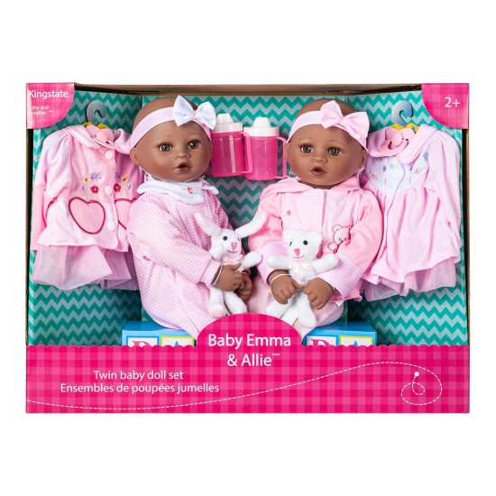  Two 18” Baby Dolls with Outfits and Headband Baby Emma and Allie Twin Dolls Set
