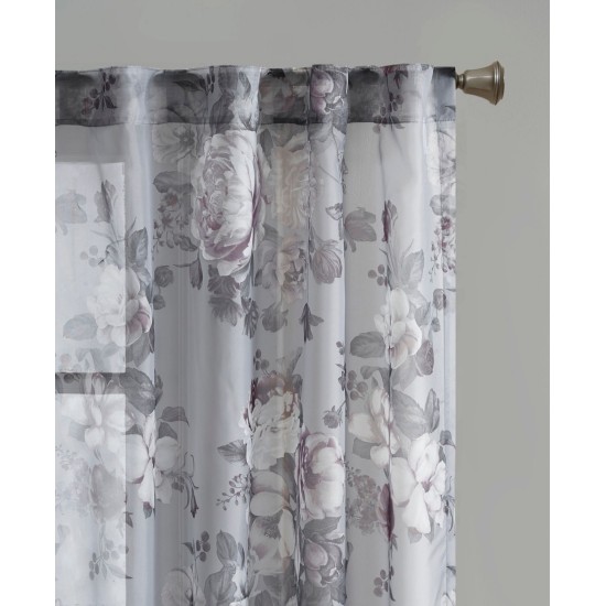  Simone Floral Design Sheer Single Window Curtain Voile Privacy Drape for Bedroom, Gray, 50