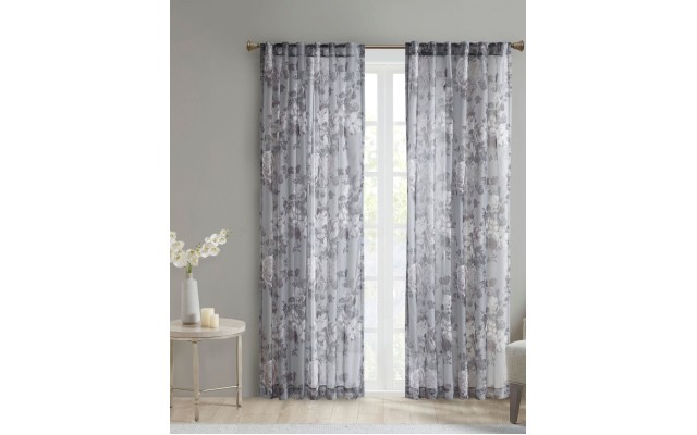  Simone Floral Design Sheer Single Window Curtain Voile Privacy Drape for Bedroom, Gray, 50