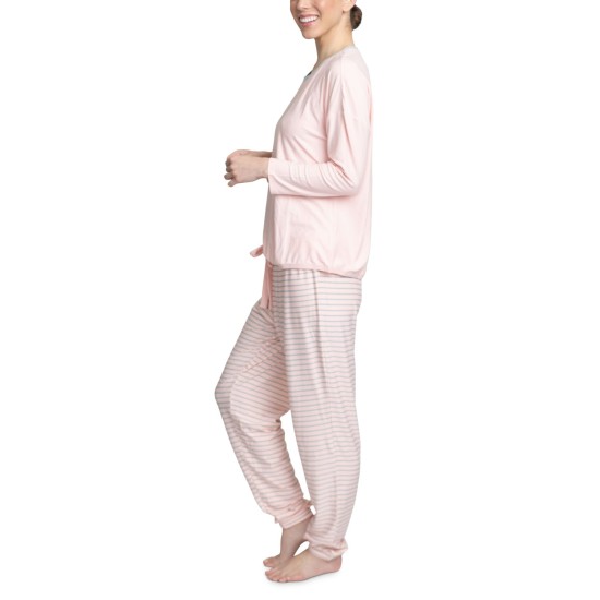  Cool Girl Solid Top & Printed Jogger Pants Pajama Set (Peach/Stripe, Small)