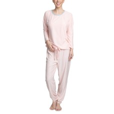 Muk Luks Cool Girl Solid Top & Printed Jogger Pants Pajama Set (Peach/Stripe, Small)