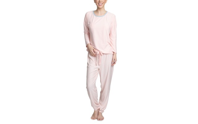  Cool Girl Solid Top & Printed Jogger Pants Pajama Set (Peach/Stripe, Small)