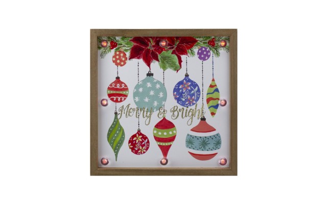  Wooden Frame “Merry Bright” with Hanging Ornaments and Glitter Christmas Plaque