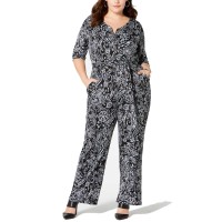 NY Collection Plus Size Printed Sleeve Jumpsuit (Black, 1XP)