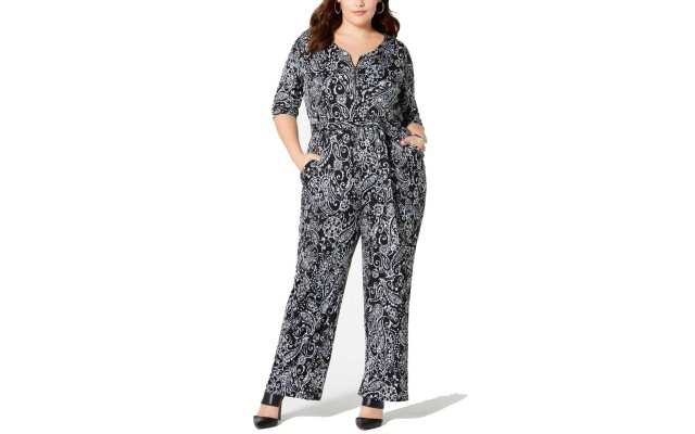  Plus Size Printed Sleeve Jumpsuit (Black, 1XP)