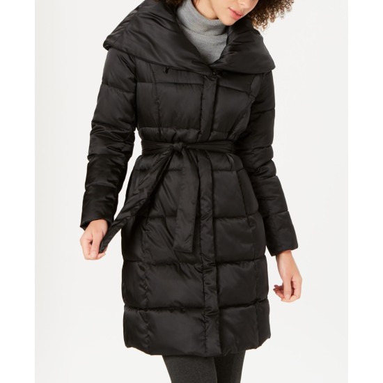  Belted Shawl-Collar Down Puffer Coat