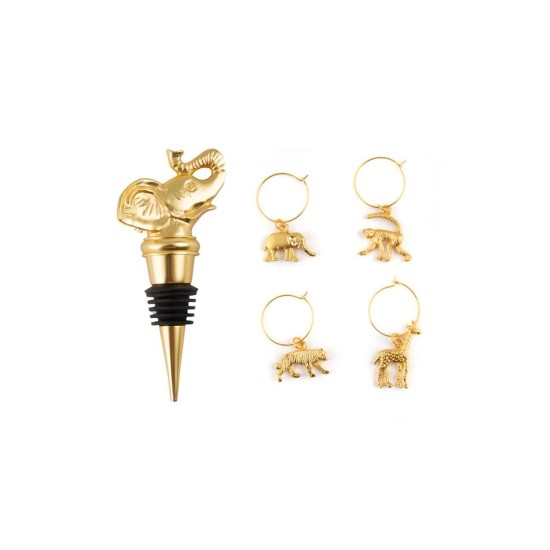  Elephant Bottle Stopper with S/4 Exotic Animal Wine Charms