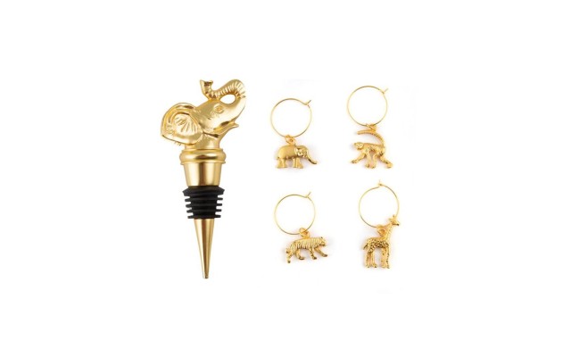  Elephant Bottle Stopper with S/4 Exotic Animal Wine Charms