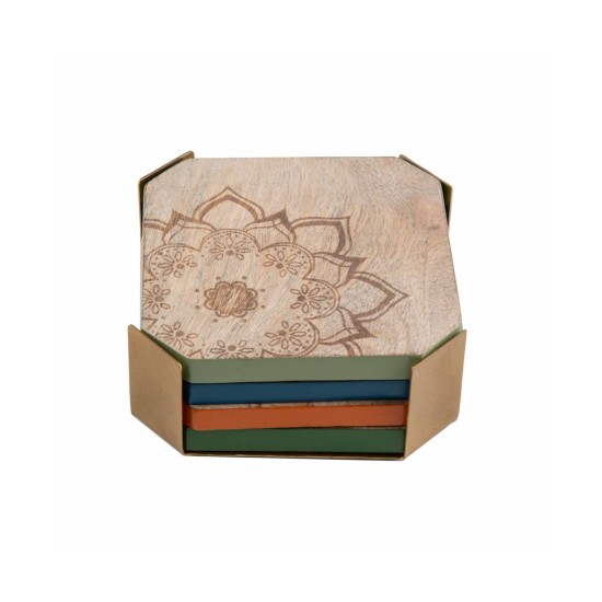  Mandala Wood Coasters with Brass Finish Holder