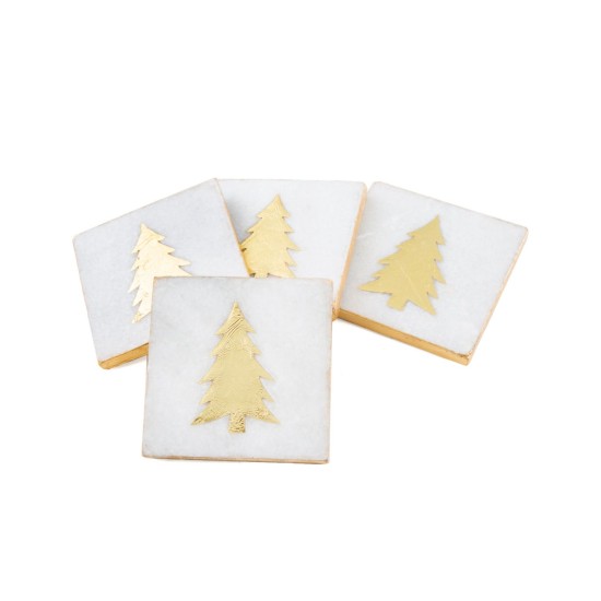  White Marble Gold Pine Tree Coasters, Set of 4