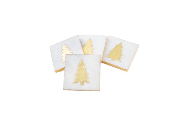  White Marble Gold Pine Tree Coasters, Set of 4