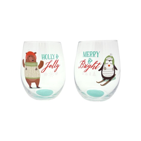 Tmd Set of 2 Stemless Wine Merry & Bright and Holly & Jolly