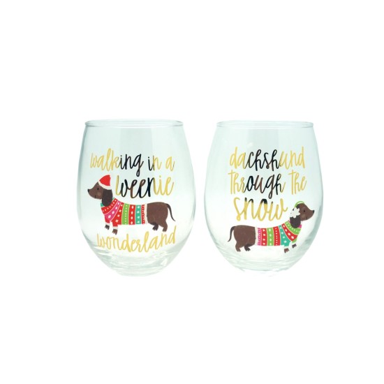  “Weeniewonderland” Set of 2, 22oz Stemless Wine Glasses