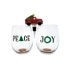 Tmd Peace and Joy Set of 2 Stemless Wine Glasses with Ceramic Truck Wine Stopper