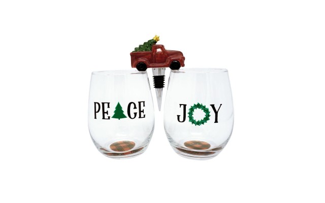 Tmd Peace and Joy Set of 2 Stemless Wine Glasses with Ceramic Truck Wine Stopper