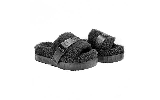  Ladies Oh Fluffita Adjustable Strap Sheepskin Slipper, Black, 9