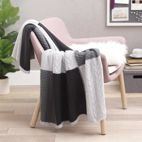  Sweater Knit Throw 60″L x 50″W, Black, Gray and Light Gray Panel Design