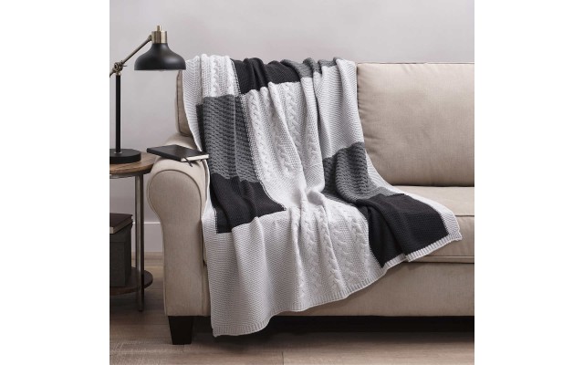  Sweater Knit Throw 60″L x 50″W, Black, Gray and Light Gray Panel Design