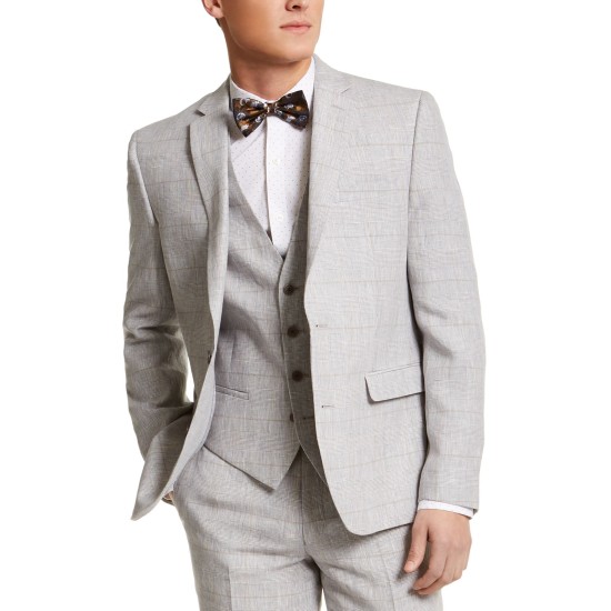  Men’s Slim-Fit Plaid Linen Suit Jacket, Gray 38