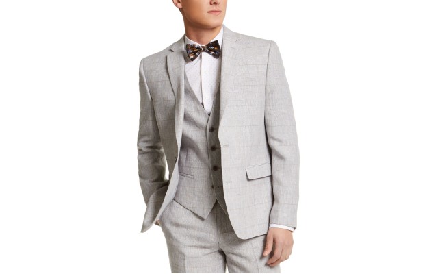  Men’s Slim-Fit Plaid Linen Suit Jacket, Gray 38
