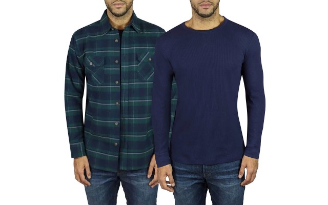 Men’s Flannel + Thermal Has Ribbed Cuff And Neck, 2-pack, Green, 3X-Large