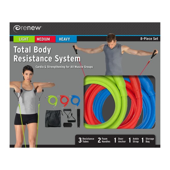  Total Body Resistance System, 3 Resistance Tubes, 2 Handles with Foam Grips, Ankle Strap, Door Anchor, Drawstring Carry Bag, and Instruction Sheet